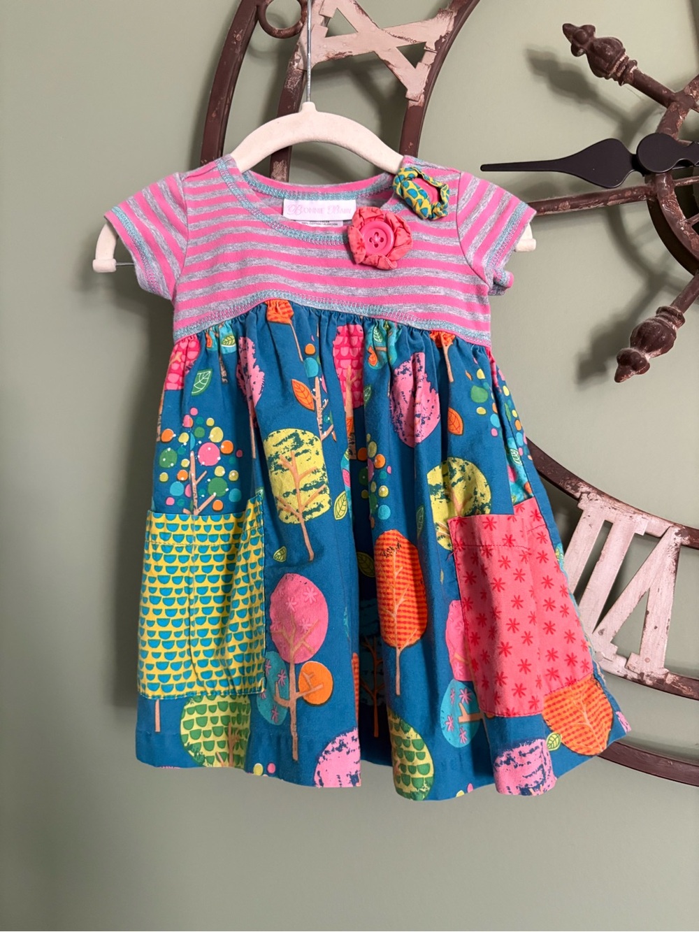 Bonnie Baby Pink Striped Top Teal Tree-Print Pocket Dress